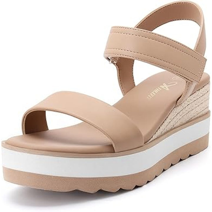 Athlefit Womens Size 6.5 Tan Hook Loop 2.5" Platform Open Toe Espadrille Sandals