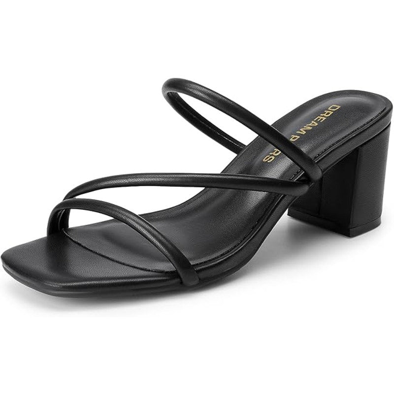 New Dream Pairs Womens 9 Black Faux Leather Open Toe Slide On 3" Block Heels