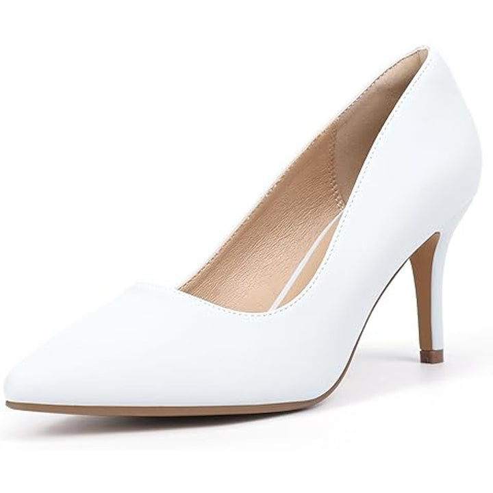 Idifu Womens Size 7.5 White Faux Leather Closed Toe 3" Heel Slide On Pumps Shoes