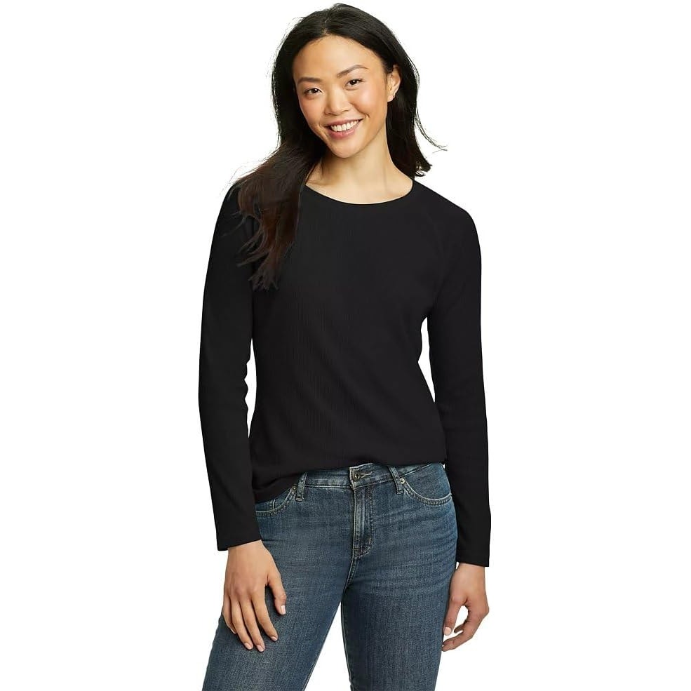 New Eddie Bauer Womens Black Long Sleeve Waffled Thermal Raglan Crew Neck Shirt