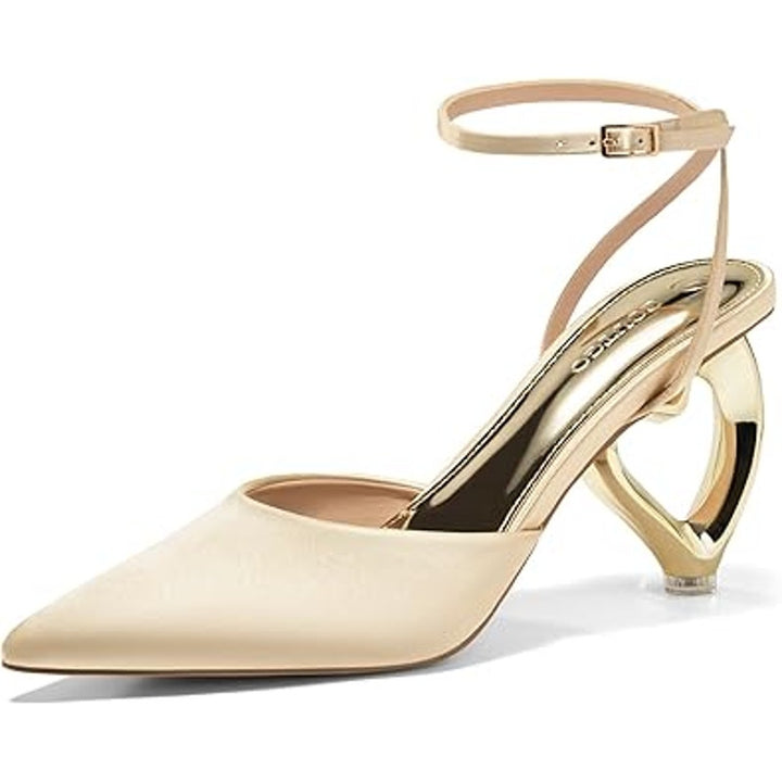 New Coutgo Womens Size 8 Champagne Tan Closed Toe Heart Heel Ankle Strap Shoes