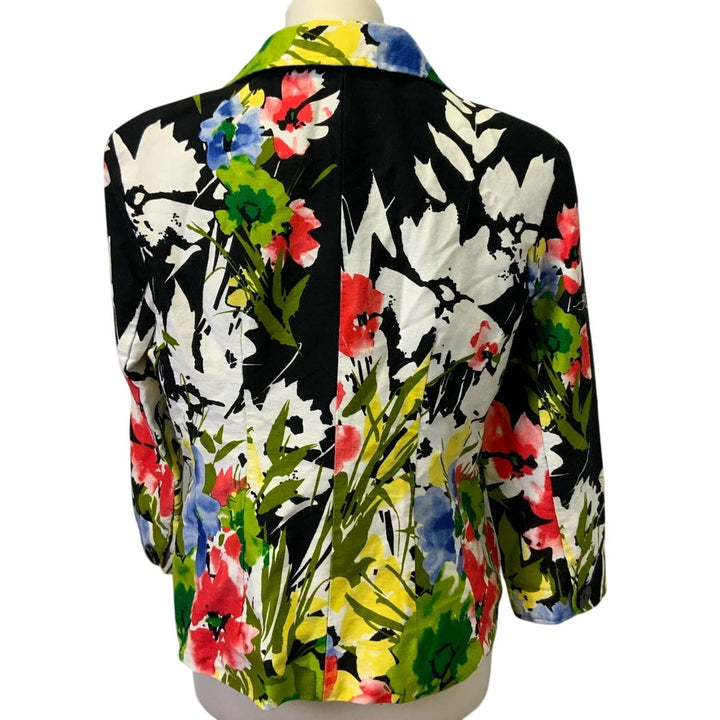 Elementz Medium Long Sleeve Cotton Blend Colorful Floral on Black Blazer Jacket