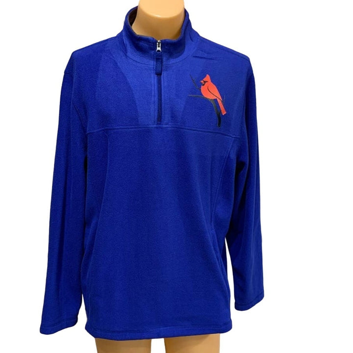Hand Printed Upcycled Mens XL Cardinal Bird Long Sleeve Fleece 1/4 Zip Pullover