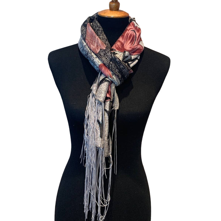 New Silver Glitter Red Rose Floral Fringed Sheer Long Formal Event Fashion Scarf