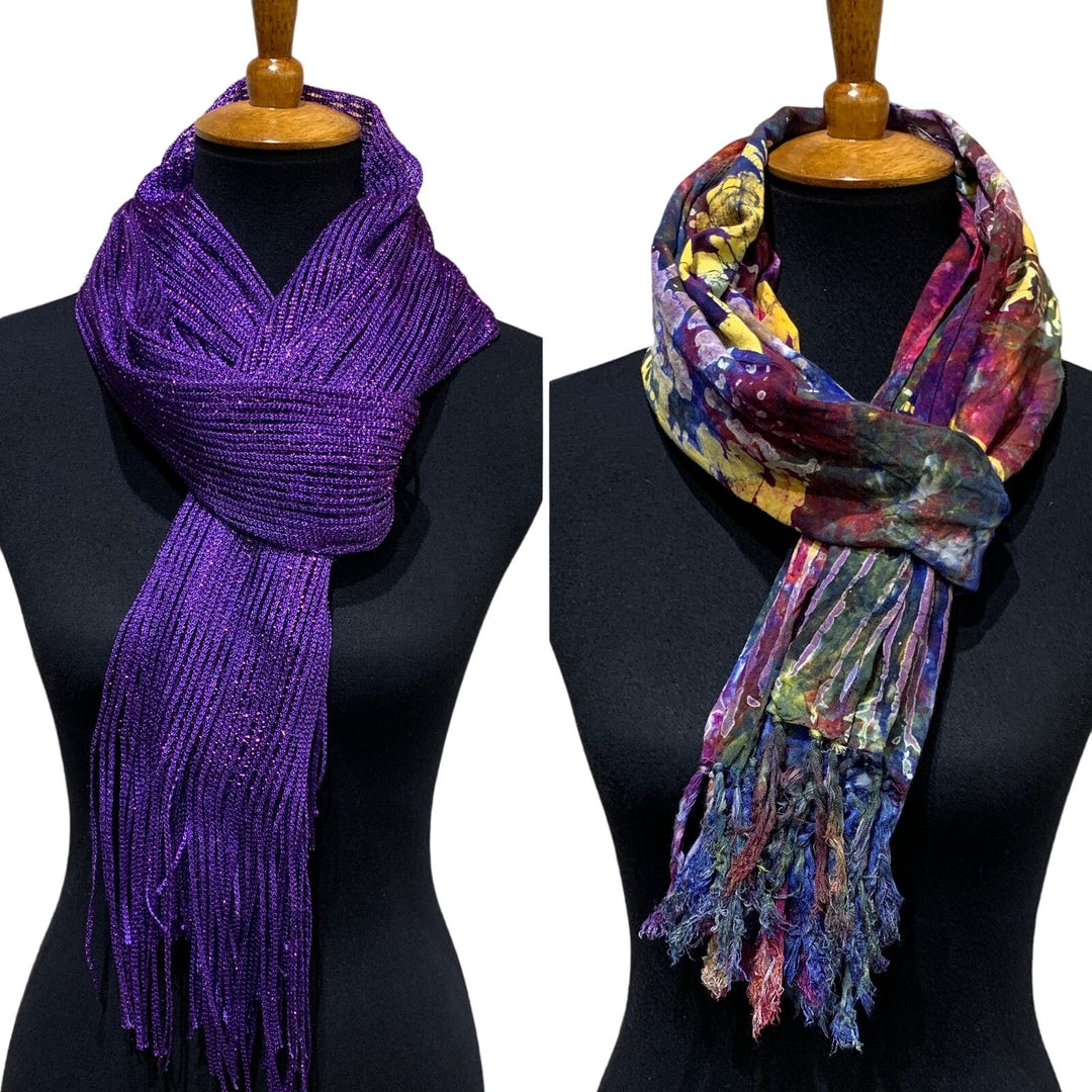 Lot of 2 Womens Purple Sparkle Rainbow Watercolor Floral Fashion Wraps Scarves