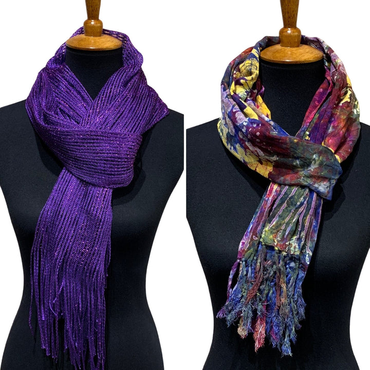Lot of 2 Womens Purple Sparkle Rainbow Watercolor Floral Fashion Wraps Scarves