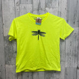 Hand Printed Upcycled Kids Medium Dragonfly Neon Yellow Short Sleeve Tee Shirt