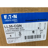 5 New In Box Eaton LL35-CGN 1" LL Conduit Bodies w Covers & Neoprene Gaskets