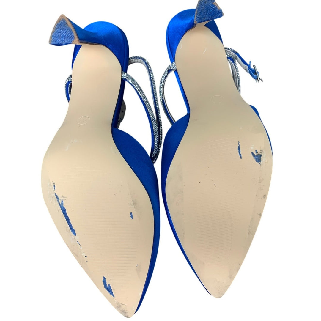 Coutgo Womens Size 8.5 Royal Blue Satin 3.5" Heel Closed Toe Ankle Strap Shoes