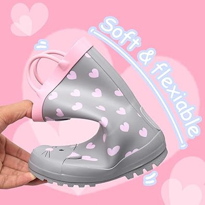 Rain Angel Big Girls Size 4 Gray Pink Cat Pull On Waterproof Rain Boot Shoes