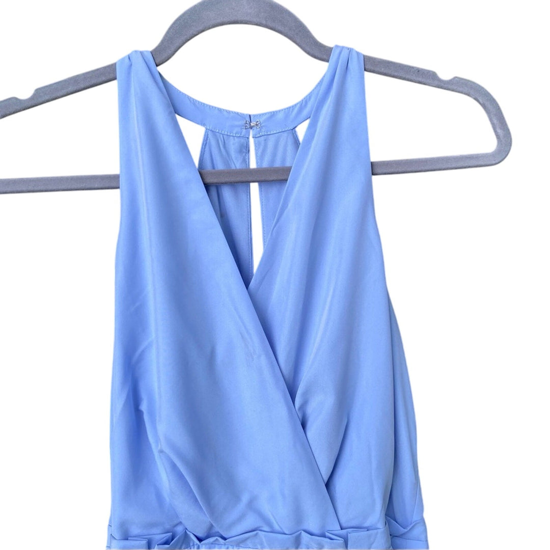 NWT New Express Womens Size 00 Light Blue Sleeveless V Neck Waist Tie Jumpsuit