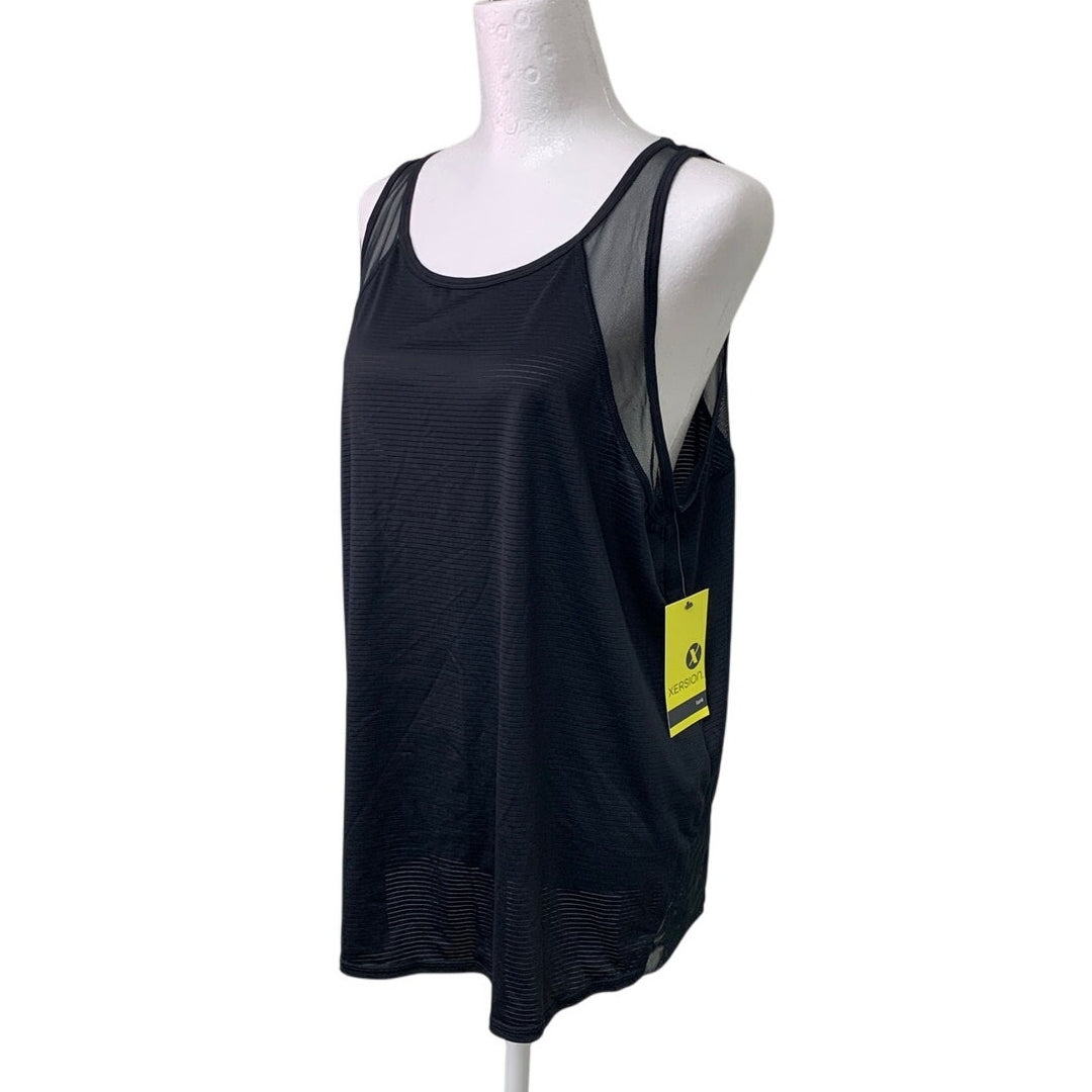 New Xersion Womens XL Black Loose Fit Sheer Athletic Textured Stripe Tank Top