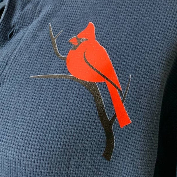 Hand Printed Upcycled Medium Cardinal Long Sleeve 100% Cotton Waffled Henley Top