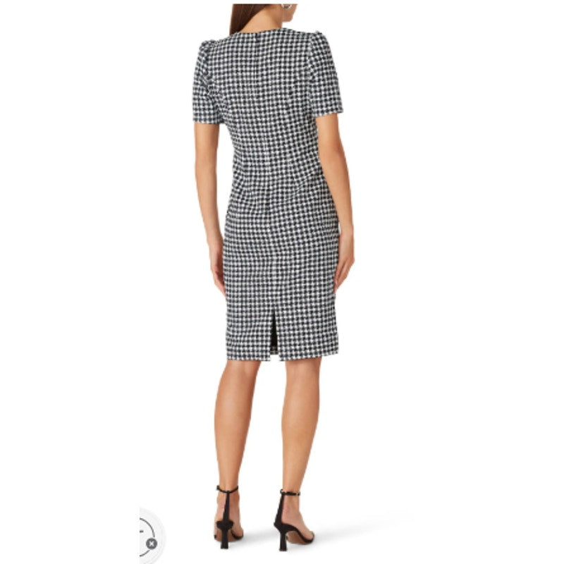 Badgley Mischka Size 2 Black White Houndstooth Twist Bow Neck Knee Length Dress