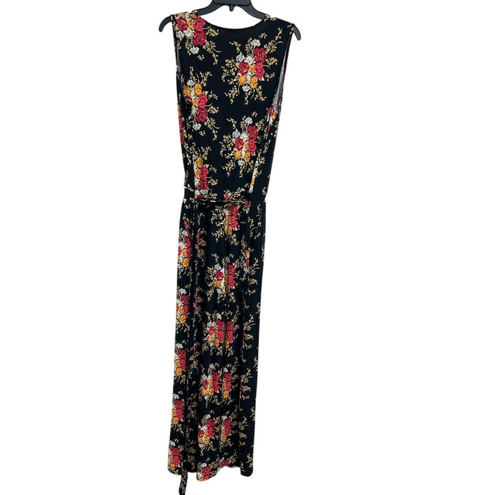 Laurie Felt Womens Medium Black Deep V Floral Sleeveless Jumpsuit w Tie Belt