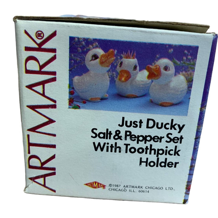 Vintage 1987 Just Ducky Salt &amp; Pepper Shaker Toothpick Holder Ceramic Ducks