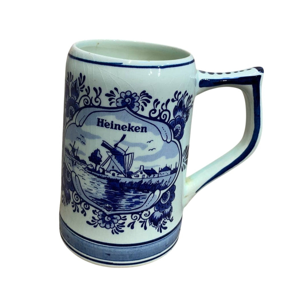 Vintage 1979 Heineken Hand Painted in Holland Delft Blue Ceramic Mug Tall Vases