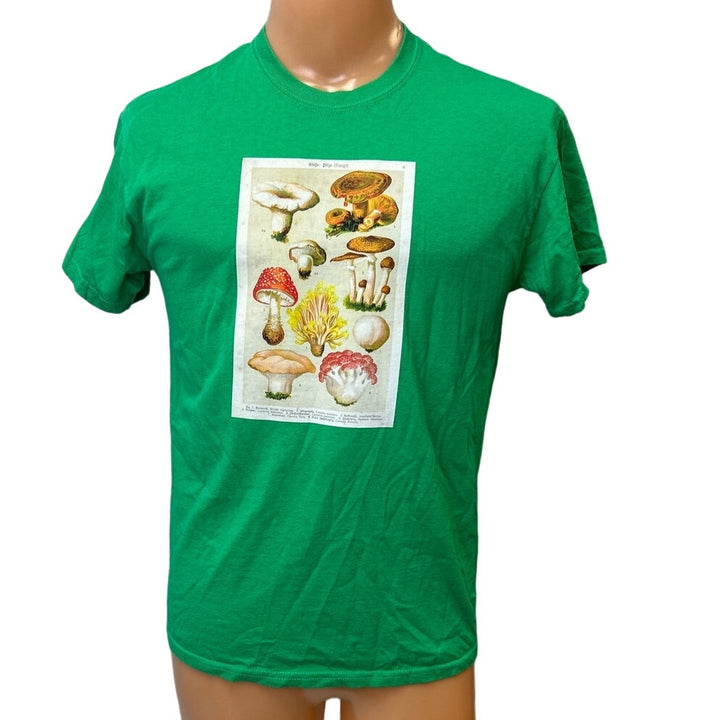 Hand Printed Upcycled Womens Medium Vintage Reference Book Mushroom Fungi Tee