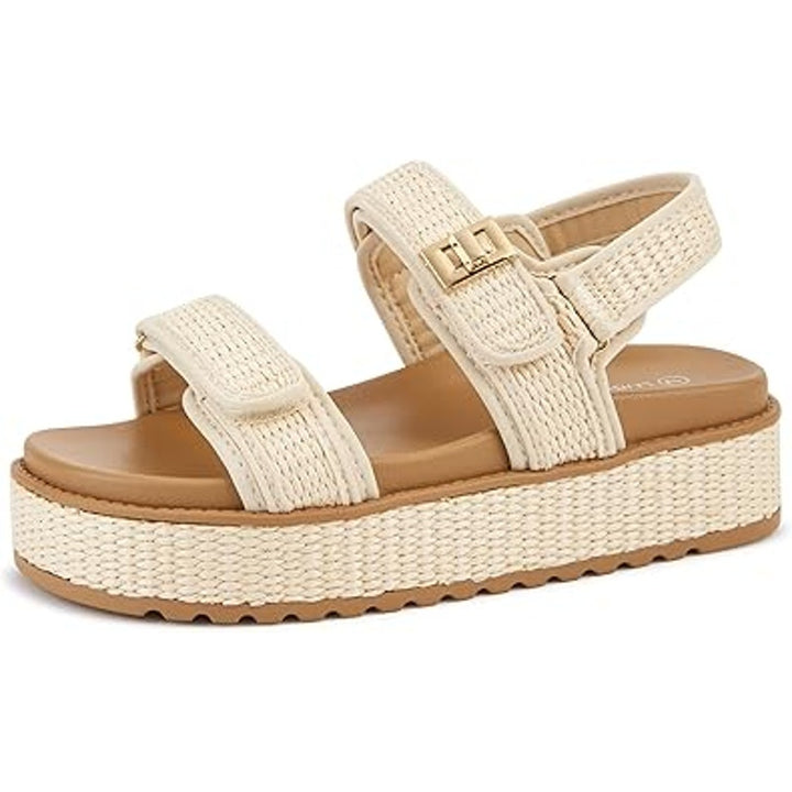 Lucky Step Womens Size 7 Tan Raffia Hook Loop 2" Platform Open Toe Sandal Shoes