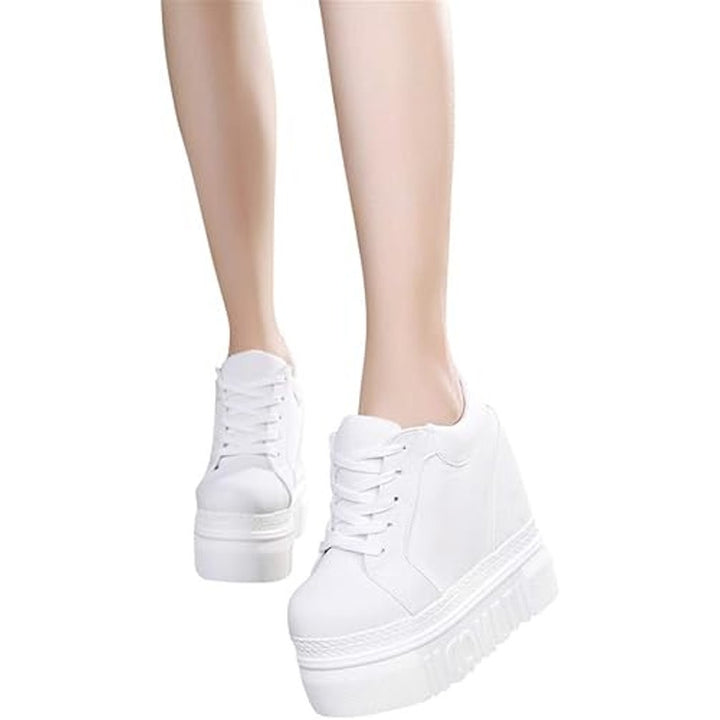 New Ace Shock Womens Size 7.5 White Canvas Hidden 5" Heel Wedge Platform Shoes