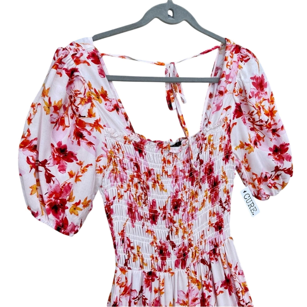 NWT New Cure Womens Medium Smocked Red Pink Floral Fit Flare Rayon Maxi Dress