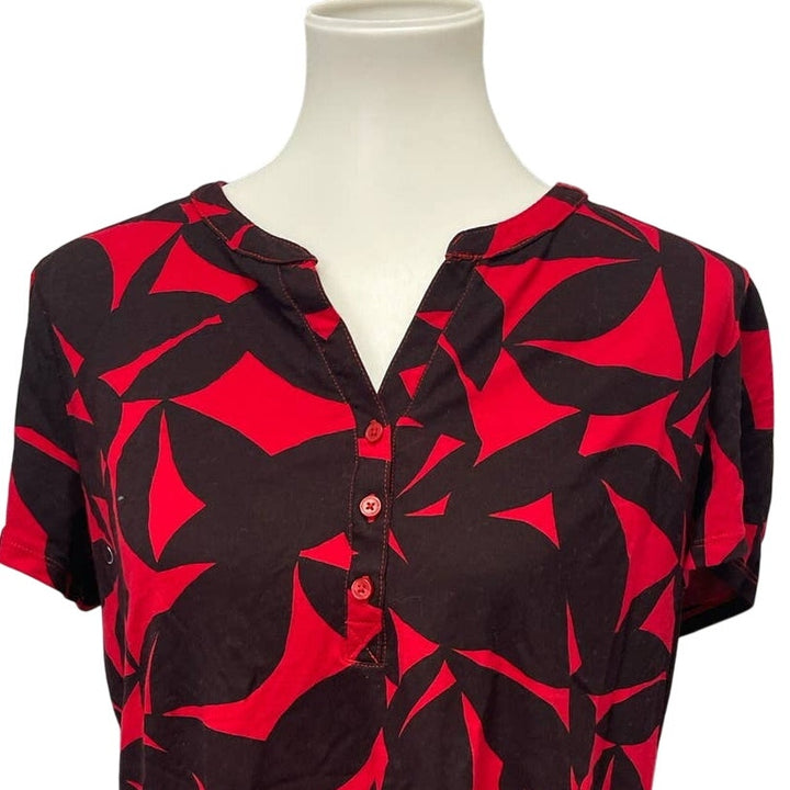 Liz Claiborne Large Short Sleeve Half Button Rayon Blend Geometric Floral Top