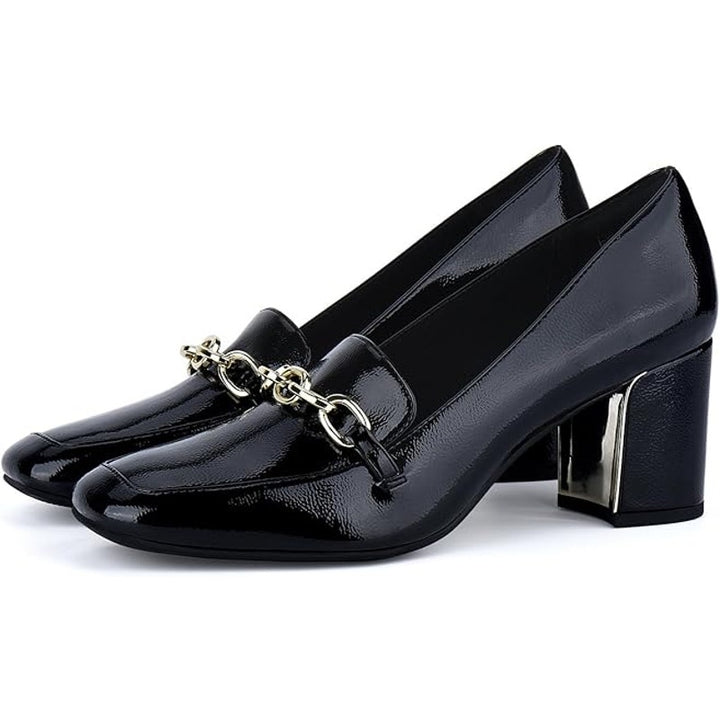 New Jenn Ardor Womens Size 8.5 Black Faux Leather Gold Chain 3" Block Heel Shoes
