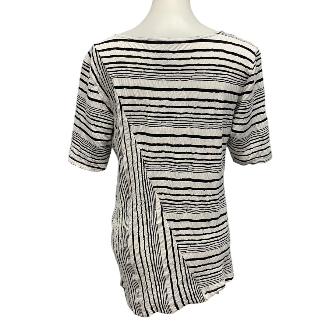 Ali Miles Womens Large Diagonal Stripe Black White Short Sleeve Flowy Top Blouse