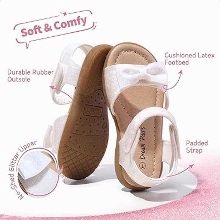 Dream Pairs Little Girls Size 11 White Glitter Hook Loop Bow Flat Sandals Shoes