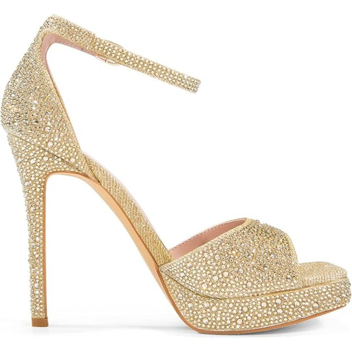 Dream Pairs Womens 6 Gold Rhinestone 4.5" Heel Peep Square Toe Ankle Strap Shoes