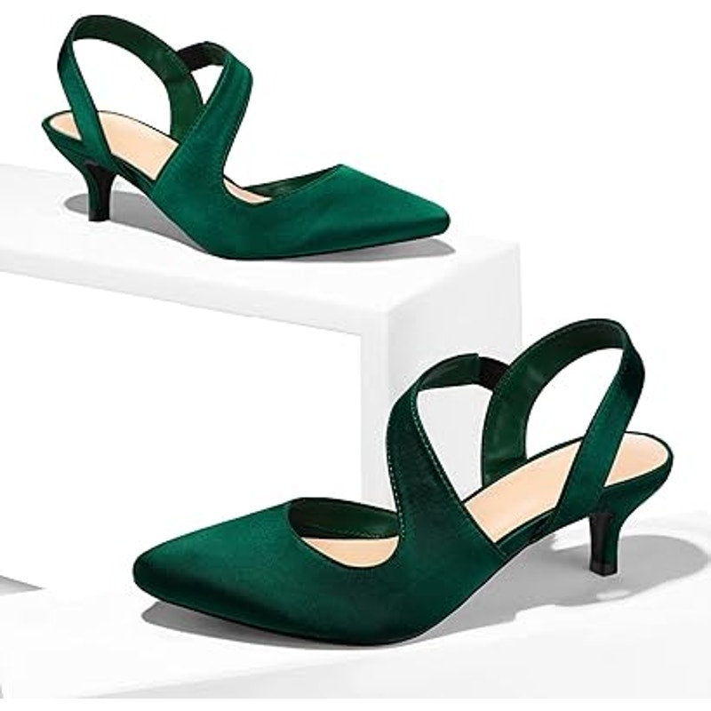 New Mysoft Womens Size 7.5W Wide Green Satin 2" Heel Closed Toe Slingback Shoes