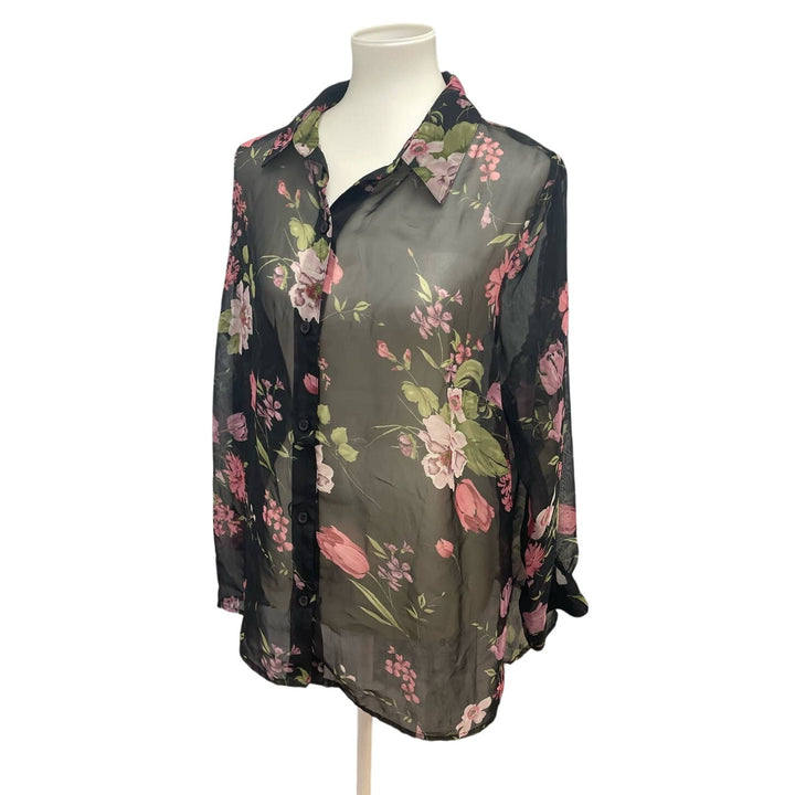 Fashion Bug Womens 14W 16W Sheer Floral Long Sleeve Polyester Button Down Blouse