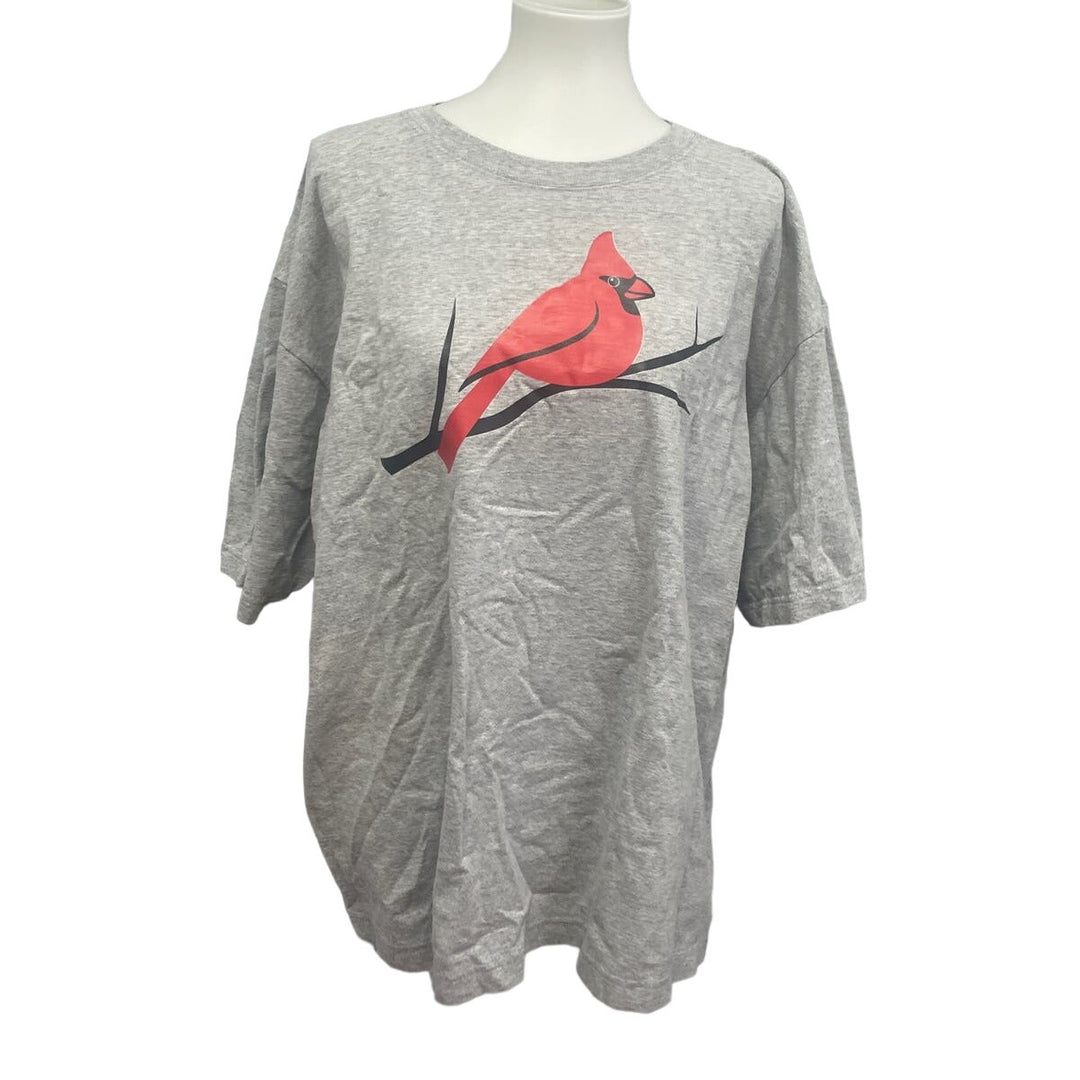 Hand Printed Upcycled XL Red Cardinal Bird Short Sleeve Cotton Blend T-Shirt