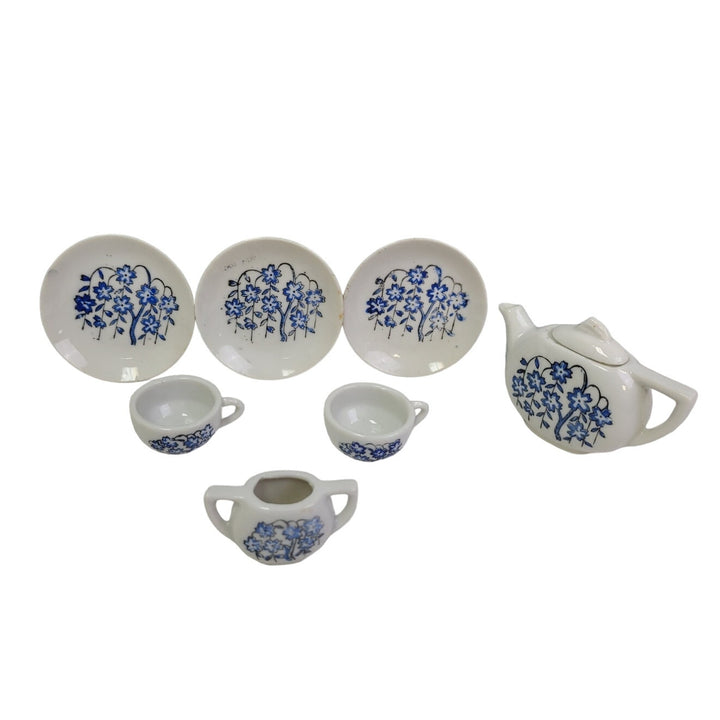 Vintage Mini Ceramic Doll Teapot Teacup Plates Creamer Cups Blue Floral Set
