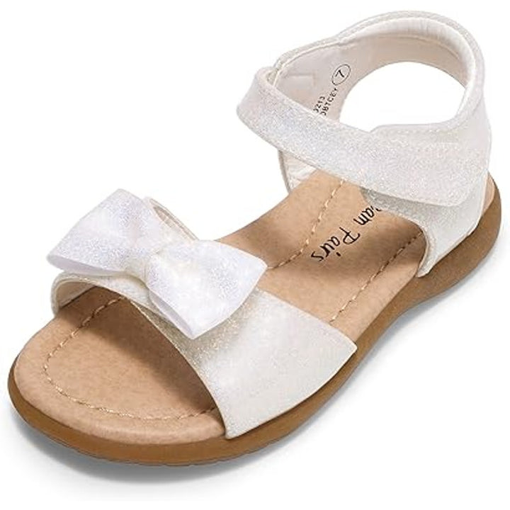 Dream Pairs Little Girls Size 11 White Glitter Hook Loop Bow Flat Sandals Shoes