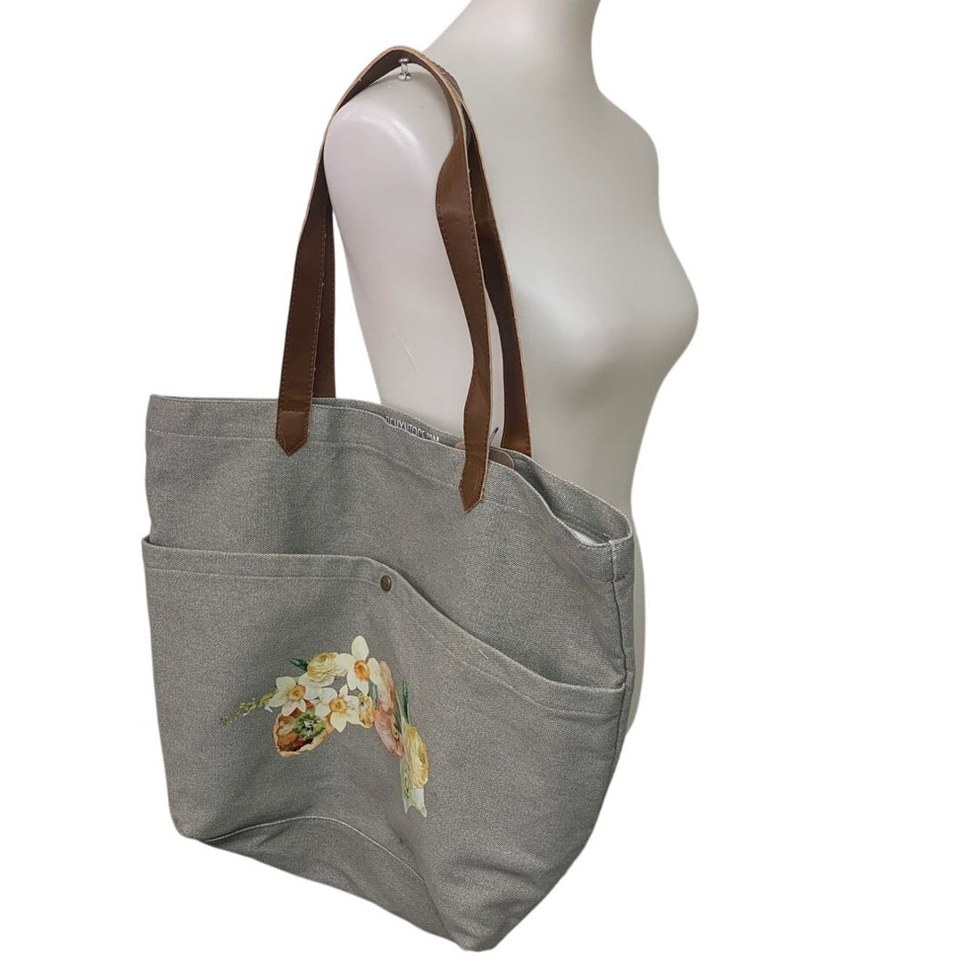 Hand Printed Upcycled Daffodil Yellow Rose Flower Shoulder Front Pocket Tote Bag