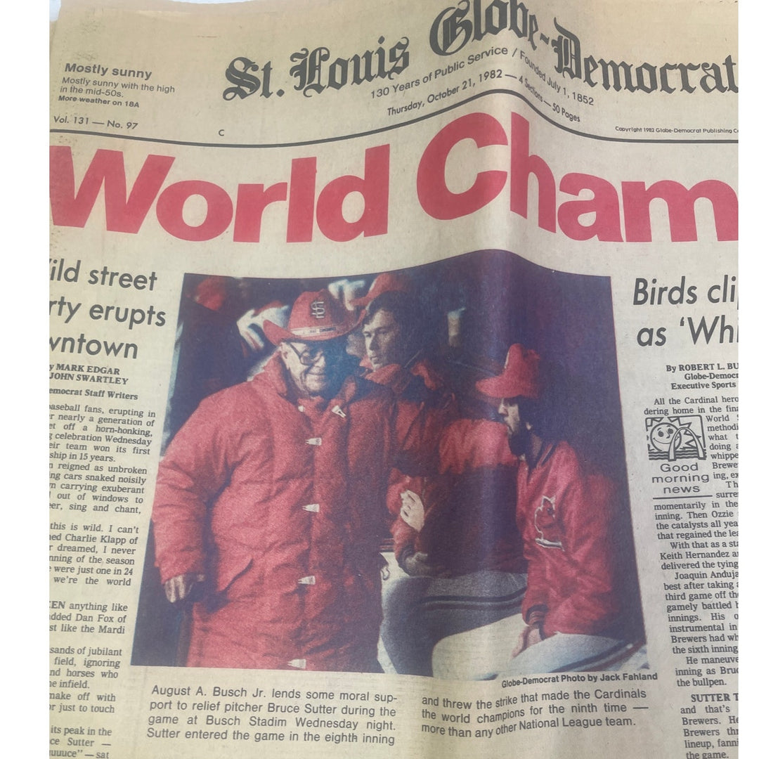 Vintage 1982 St Louis Baseball Cardinals World Champs Globe-Democrat Newspaper
