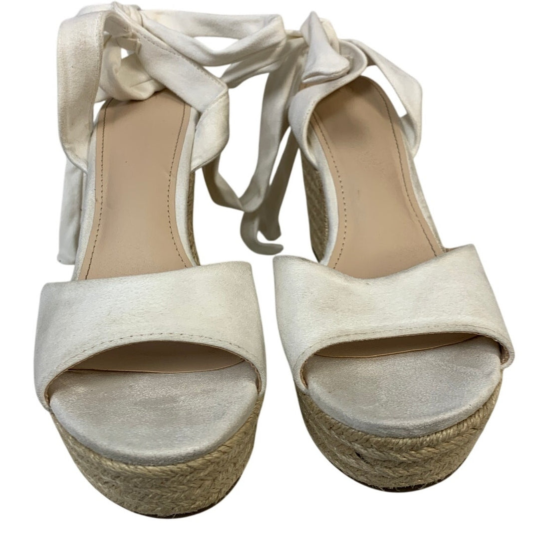 Fashare Womens Size 9 White Faux Suede 4" Wedge Heel Espadrille Ankle Wrap Shoes