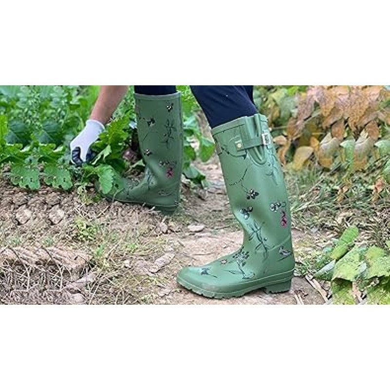Rongee Womens Size 9 Green Bird Flower Buckle Waterproof Garden Rain Boots