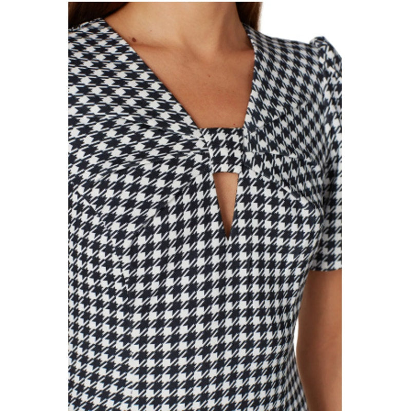 Badgley Mischka Size 2 Black White Houndstooth Twist Bow Neck Knee Length Dress