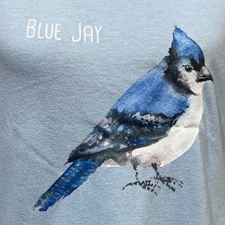 Wingspan Inspired Womens XL Watercolor Blue Jay Bird Hand Printed Upcycled Tee