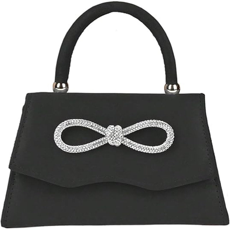 New Womens Black Faux Suede Silver Rhinestone Bow Optional Chain Evening Bag
