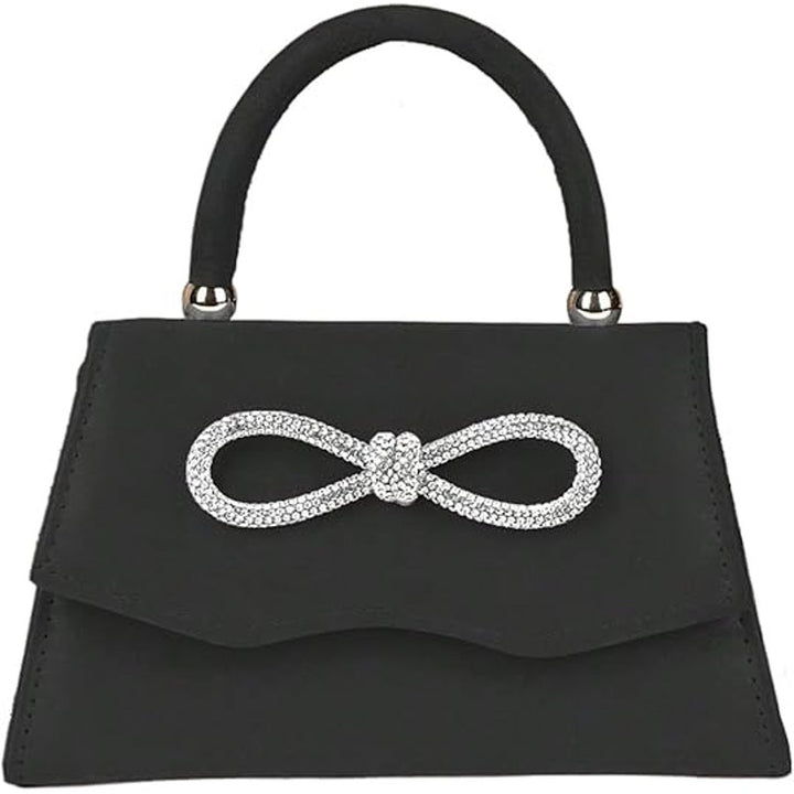 New Womens Black Faux Suede Silver Rhinestone Bow Optional Chain Evening Bag
