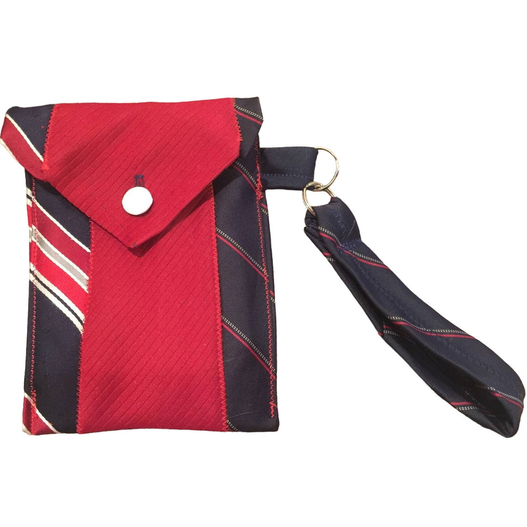 Handmade Upcycled Vintage Repurposed Red Striped Neck Tie Wristlet Pouch Purse