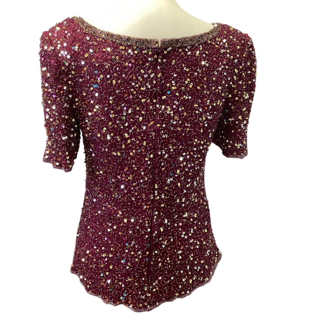 Scala Womens Size XL Wine Red Silk Zip Up V-Neck Fully Lined Formal Sequin Top