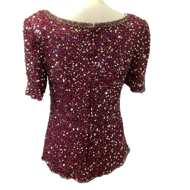 Scala Womens Size XL Wine Red Silk Zip Up V-Neck Fully Lined Formal Sequin Top