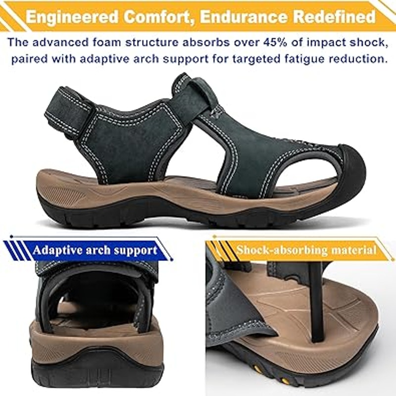 New Mens 8 Blue Faux Leather Hook Loop Closed Toe Hiking Walking Sandal Shoes