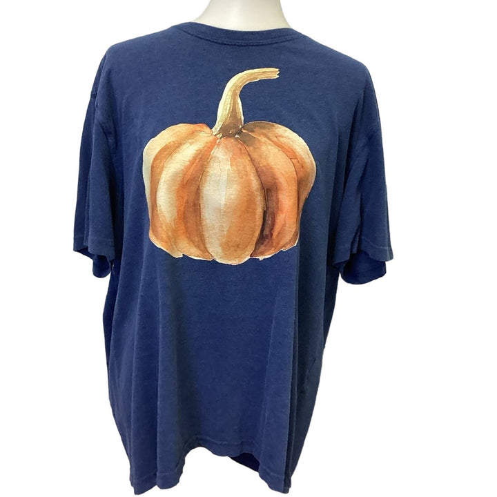Hand Printed XL Upcycled Short Sleeve Giant Fall Pumpkin 100% Cotton Shirt