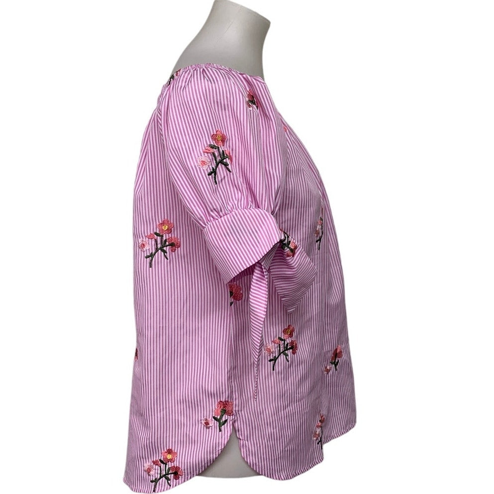 Rods Womens Small 100% Polyester Made In USA Floral Striped Short Tie Sleeve Top