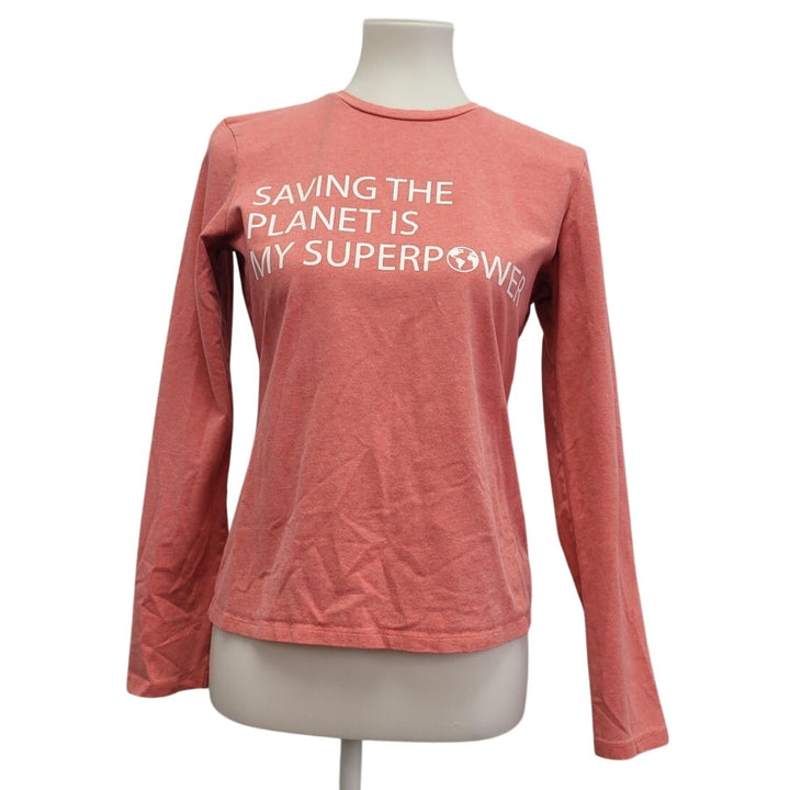Hand Printed Upcycled Womens Large Saving the Planet Superpower Long Sleeve Tee